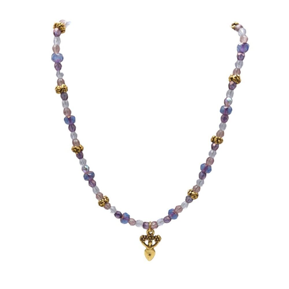 YGTBB Purple Crystal Faceted Beaded Floral Necklace Lobster Closure Vintage